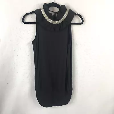 VaVa By Joy Han Shirt Women Medium Black Tunic Silve Bead High Neck Artsy Dressy • $9.99