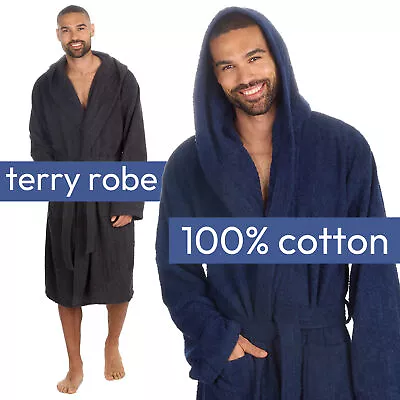 Mens Terry Toweling Robe Hooded Dressing Gown 100% Cotton Bathrobe UK M/L XL/XXL • £18.99