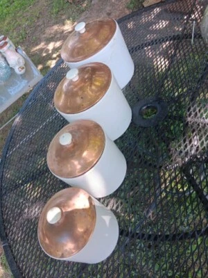 $58 • Buy Vintage White Ceramic Kitchen Canisters With Copper Lids, Canister Set Of 4