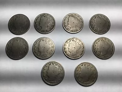 Lot Of 10 Pre 1913  US  V Nickels AG-G Detail. • $12.99