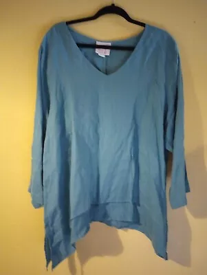 La Fixsun Oversized Tunic Top 100% Linen Teal Blue V-neck Lagenlook XL • $39