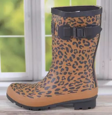 NEW Joules Women's MOLLY Leopard Print Welly Rain Boots Size 5 36 TAN BLACK • $33.60