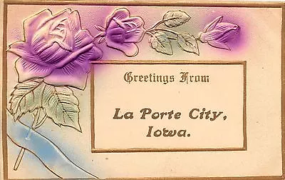 La Porte City Iowa~Purple Roses Greetings~Gold Leaf Emboss~1908 Postcard • $5.25