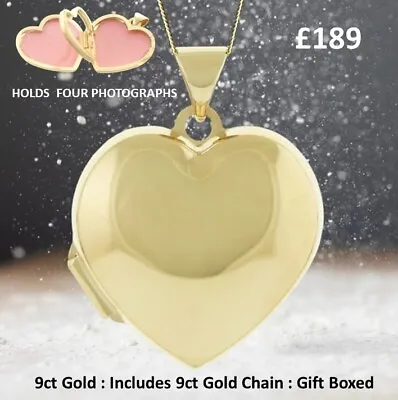 9ct Gold Family Locket Holds 4 Photos 20x16mm Heart Shape Hallmarked 46cm Chain • £189