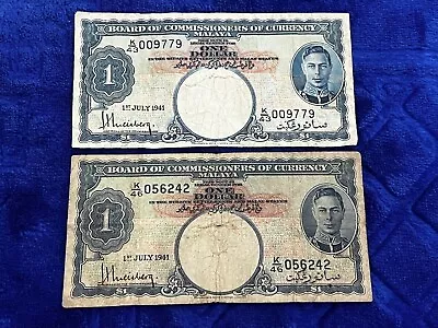 Malaya British Administration $1 Dollar P-11 1941 King George VI 2 Banknotes • $48