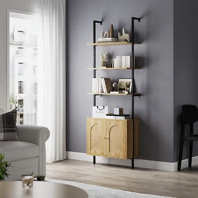 Rustic Tall Bookshelf With Wood Cabinet Ladder Shelf Wall Mount Rack Metal Frame • £79.95