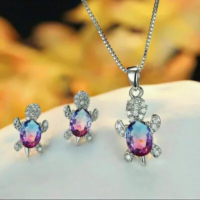 925 Sterling Silver Rainbow Mystical Fire Topaz Sea Turtle Necklace Earrings Set • $19.74