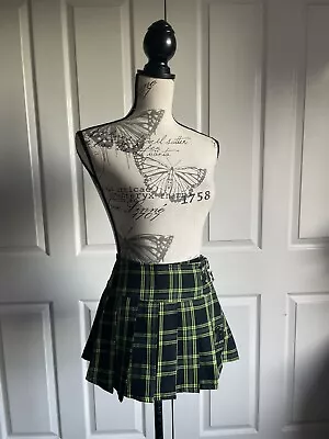 Vintage 90s Goth Lip Service Green Plaid Tartan Pleated Buckle Mini Skirt Sz M • $120