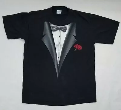 Vintage Tuxedo Tshirt Made In USA Single Stitch Size XL Black Red Boutonniere  • $26.95