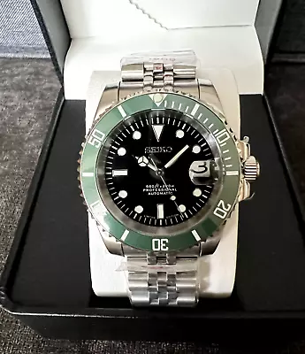 Seiko Mod Sub Watch NH35 Automatic Black Dial Green Ceramic Bezel W/ Case • $260