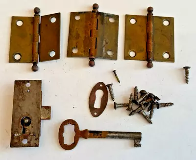 Vintage Lot Furniture Door Hinges Lock Key Hardware Building Cabinet Cupboard • $38.50