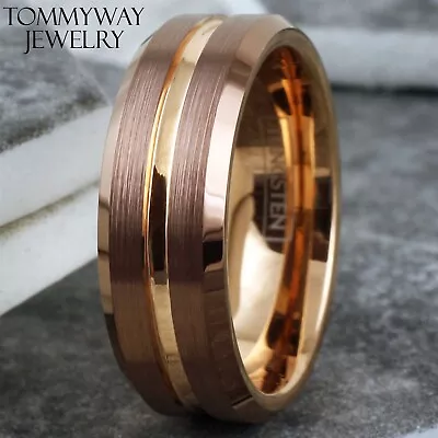 Bronze-Brown Tungsten Carbide Men's Ring Rose Gold Plated Stripe Wedding Band • $15.99