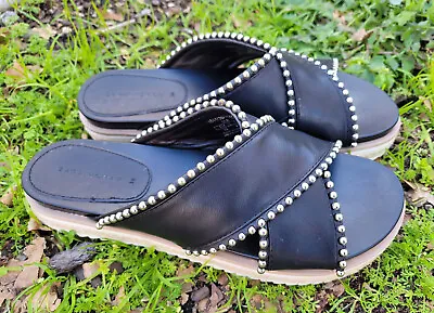 $32.03 • Buy Zara Black Silver Studded Cross Strap Slides Womens Size 39 EUR Or Size 8 AUS