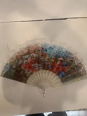 Vntg Antique Ladies Hand Fan Lace And Silk Fabic Floral And Gold Accents See All • $20