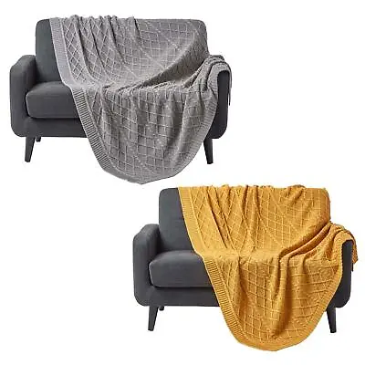 Cable Knit Diamond Pattern 100% Cotton Sofa Throw Mustard & Grey • £34.99