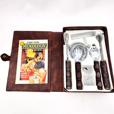 Vintage Bar Cocktail Set With Wood Handles In Horse Saddle Case Recipe Book • $19.79