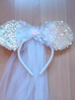 Disney Parks Minnie Mouse Bridal Veil Mickey Ears Iridescent Sequins And Bow • $18