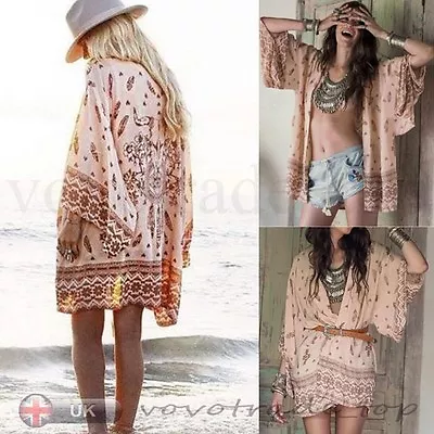 Women Retro Boho Floral Lace Cardigan Hippie Kimono Coat Blouse Cape Jacket MD • $20.57