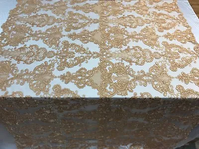 Gold Beaded Mesh Lace Fabric By The Yard Bridal LACE/ Geometric Lace/ Veil/ • $44.99