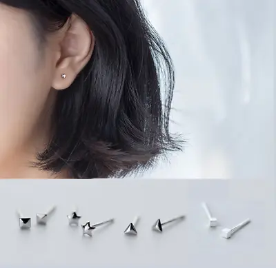 3mm 925 Sterling Silver Square Triangle Tiny Rivets Post Stud Earrings Gift PE18 • $7.95