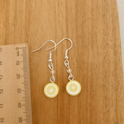 Cute Round Yellow Lemon Dangle Earrings Silver Hooks Fruit Salad AUS Free Post • $5.95
