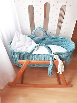 Blue Moses Basket With Stand  Boho Baby Bassinet  Cradle Crochet Baby Bed • $176
