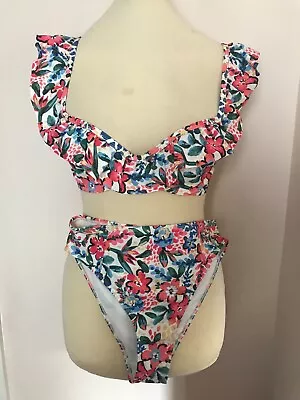 Size 10 Bikini White And Floral With Frill Over Underwired Soft Cups • £3.50