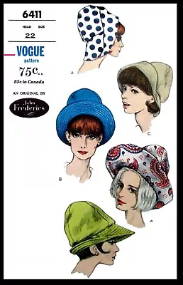 Vogue 6411 Designer John Frederics Hat Cap Fabric Sewing Pattern Chemo Alopecia  • $5.49