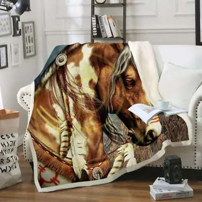 American Indian Horse 3D Print Fleece Blanket Bed Bedspread Sherpa Blanket T053 • £15.59