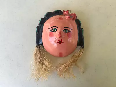 Mexican Folk Art Coconut Shell Hand Painted Wall Hanging Mask Woman With Hair • $19