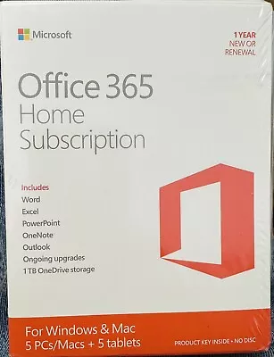 Microsoft Office 365 Home Windows/Mac 1 Year New Or Renewal 5 PCs/Macs 5 Tablets • $73