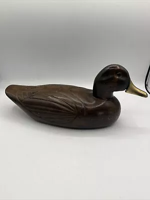 Vintage Duck Decoy Dark Wood Carved Brass Bill Beak Glass Eyes Unmarked • $13.68