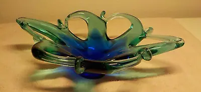 Murano Art Glass Cobalt Blue/green Splash Wave Pinched Bowl 9  X 6.25  • $15