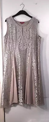 Together Beige Lace Dress Ladies Size 18 Knee Length Round Neck Chiffon Panels • £12