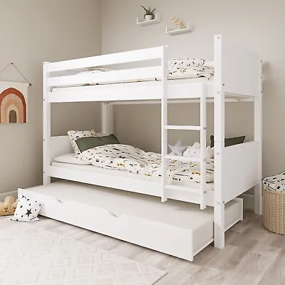 Single Bunk Bed Detachable White Wooden With Trundle Bed And Ladder • £309.92