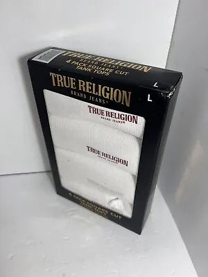 TRUE RELIGION 4 Packs Men’s Large Square Cut Cotton Logo Ribbed Tanks Whites • $26.95