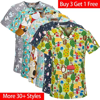 Unisex Scrub Tops 100% Cotton Printed Short Sleeve Medical Nurse V-Neck Shirt • $12.99