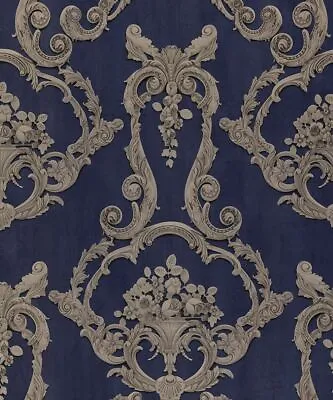 Debona Grovesnor Navy Blue Floral Cameo Damask Feature Wallpaper 6216 • £10.76