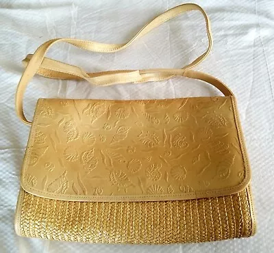 Vintage Carlos Falchi Gold Straw & Embossed Leather Purse Bag Clutch Italy • $85