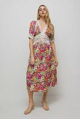 WAREHOUSE Satin Lace Tea Midi Dress In Floral • £27