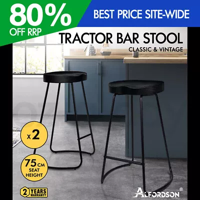 $144.95 • Buy ALFORDSON 2x Bar Stools 75cm Tractor Kitchen Wooden Vintage Chair Black