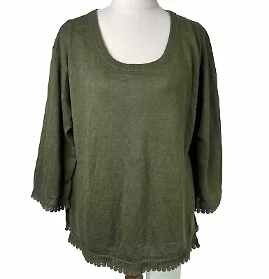 J.Crew Blouse Womens S Oversized Khaki Green Linen Knit 3/4 Sleeve Lace Hem • $34.99