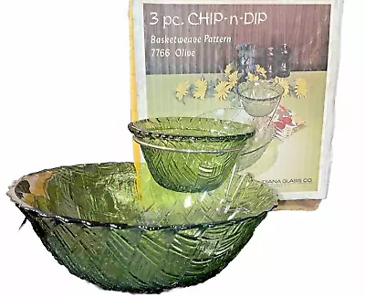 Vintage Chip N Dip Bowl Set From Indiana Glass Company Olive Green Basketweave • $15.98