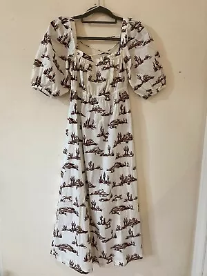 Mango Ivory/Brown Horse/Cactus/Desert Print Midi Dress Puff Sleeves. Size S VGC • £15