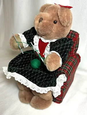 Vtg Gemmy Mrs Claus Bear In Plaid Chair Knitting Musical Animated ~ WORKS ~ 1995 • $20