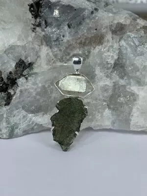 Natural Czech Moldavite & Herkimer Pendant 925 Sterling Silver Handmade Jewelry • $54.82