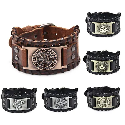 8 Style Norse Viking Wolf/Vegvisir/Valknut Rune Leather Cuff Wristband Bracelet • $7.49