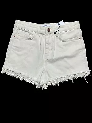 ZARA TRF Denim Lace Crochet Trim Distressed Shorts Z1975 Size 6 Beige Color • $19.75