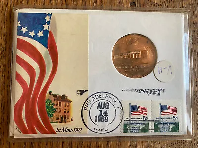 1969 Philadelphia Mint Brass Medal First Day Commemorative Cover With Stamps • $9.99