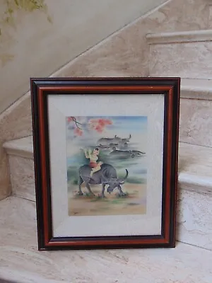 Vintage VIETNAMESE PAINTING ON SILK SIGNED Ox And Boy With Musical Instrument • $99